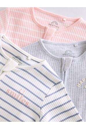 Next Baby %100 Pamuklu Pembe Gri Çizgili Ayaksız 3'lü Tulum Set