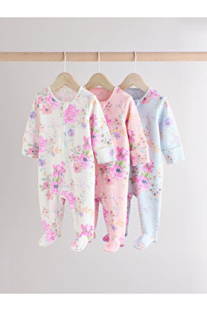 Next Baby %100 Pamuklu Pastel Çiçek Desenli 3'lü Tulum Set