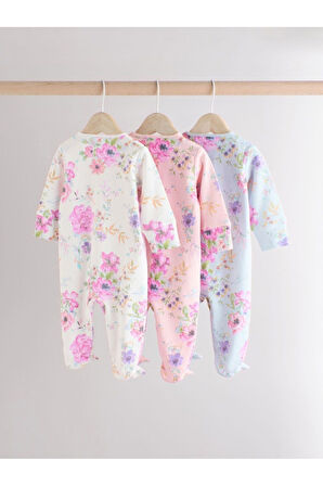 Next Baby %100 Pamuklu Pastel Çiçek Desenli 3'lü Tulum Set