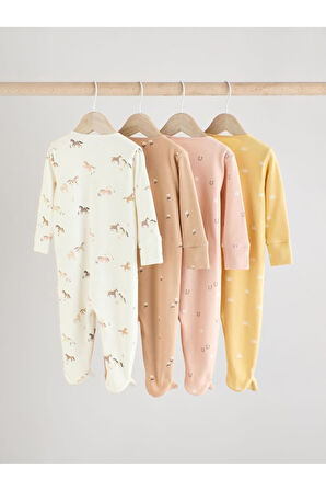 Next Baby %100 Pamuklu Neutral Hayvan Desenli 4'lü Tulum Set