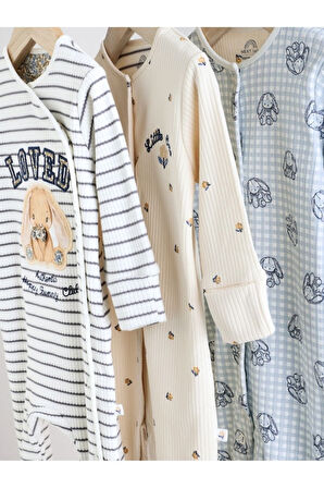 Next Baby %100 Pamuklu Krem Tavşan Desenli 3'lü Tulum Set