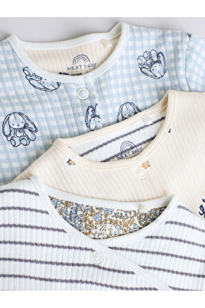 Next Baby %100 Pamuklu Krem Tavşan Desenli 3'lü Tulum Set