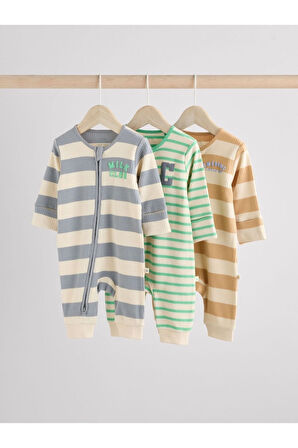 Next Baby %100 Pamuklu Mavi Yeşil Turuncu Çizgili Ayaksız 3'lü Tulum Set