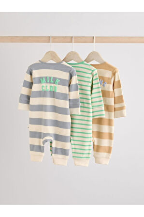 Next Baby %100 Pamuklu Mavi Yeşil Turuncu Çizgili Ayaksız 3'lü Tulum Set