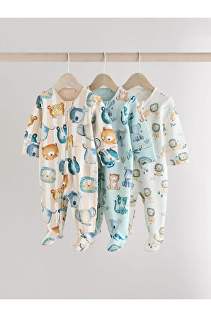 Next Baby %100 Pamuklu Mavi Krem Animal Desenli 3'lü Tulum Set