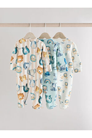 Next Baby %100 Pamuklu Mavi Krem Animal Desenli 3'lü Tulum Set