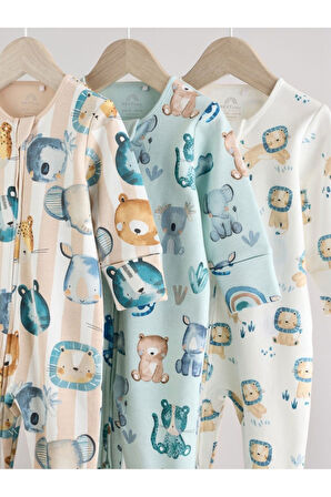 Next Baby %100 Pamuklu Mavi Krem Animal Desenli 3'lü Tulum Set