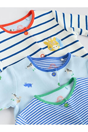 %100 Pamuklu Mavi Animal Desenli 3'lü Tulum Set