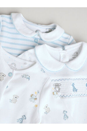 Next Baby % 100 Pamuklu Krem Mavi  Tavşan Desenli Nakışlı 3'lü Tulum Set