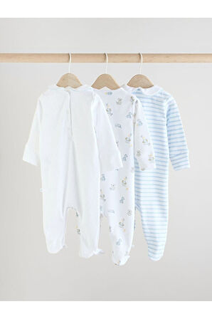 Next Baby % 100 Pamuklu Krem Mavi  Tavşan Desenli Nakışlı 3'lü Tulum Set