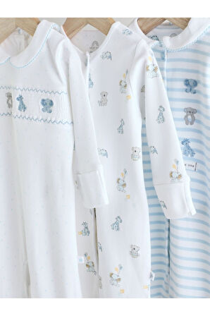 Next Baby % 100 Pamuklu Krem Mavi  Tavşan Desenli Nakışlı 3'lü Tulum Set