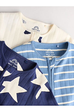 Next Baby %100 Pamuklu Parlak Lacivert Yıldız Desenli 3'lü Tulum Set