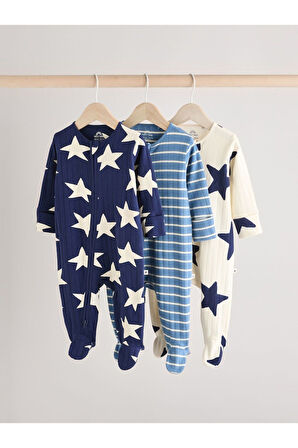Next Baby %100 Pamuklu Parlak Lacivert Yıldız Desenli 3'lü Tulum Set