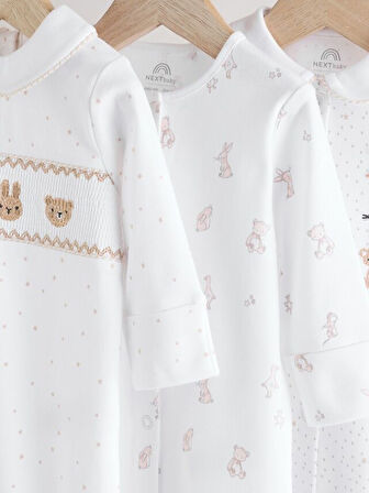 Next Baby Next Baby %100 Pamuklu Beyaz Hayvan Nakış Desenli 3'lü Tulum Set