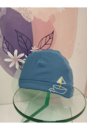 Tekne Desenli Bebek Bere - Mavi - Organik & El Yapımı