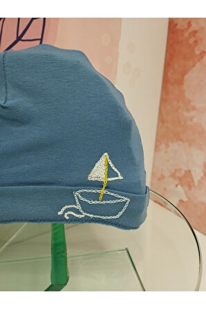 Tekne Desenli Bebek Bere - Mavi - Organik & El Yapımı