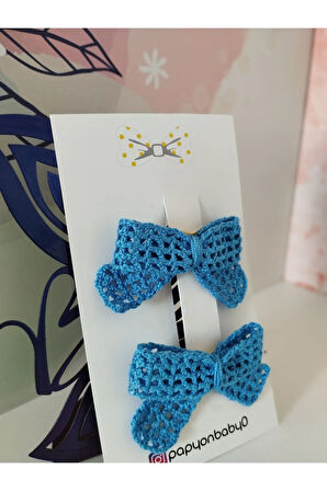 2'li Set Örgü Fiyonk Toka - Koyu Mavi - Organik & El Yapımı