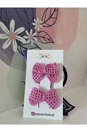 2'li Set Örgü Fiyonk Toka - Koyu Pembe - Organik & El Yapımı