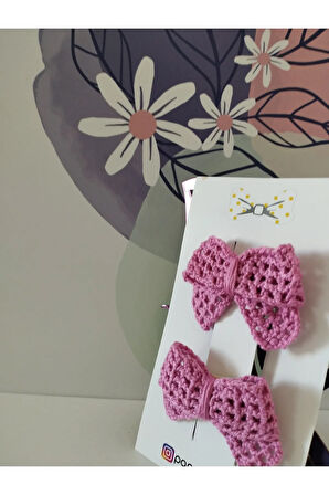 2'li Set Örgü Fiyonk Toka - Koyu Pembe - Organik & El Yapımı