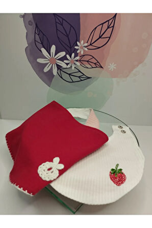 2'li Çilek Motifli Mama Önlüğü - Kırmızı - Organik & El Yapımı
