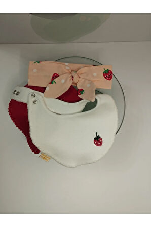 3'lü Set Mama Önlüğü & Çilek Motifli Saç Bandı - Çok Renkli - Organik & El Yapımı