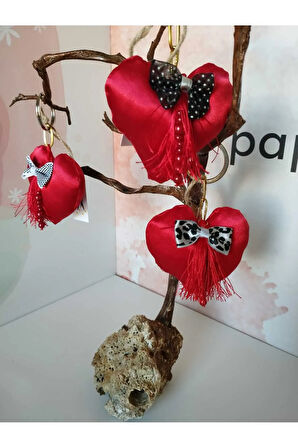 Saten Kalp Motifli Anahtarlık - Kırmızı - Organik & El Yapımı