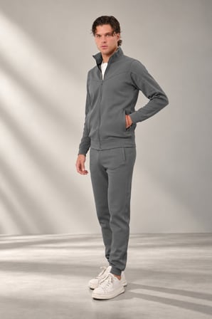 Erkek Antrasit Dik Yaka Fermuarlı Piqué Double Face Kumaş Regular Fit Eşofman Takım - E226
