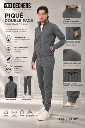 Erkek Antrasit Dik Yaka Fermuarlı Piqué Double Face Kumaş Regular Fit Eşofman Takım - E226