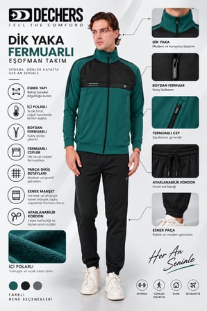 Erkek Gri Kışlık Dik Yaka Fermuarlı Dalgıç Kumaş İçi Pamuklu Regular Fit Eşofman Takım - E227