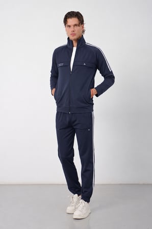 Erkek Gri Kışlık Dik Yaka Fermuarlı Dalgıç Kumaş İçi Pamuklu Regular Fit Eşofman Takım - E227