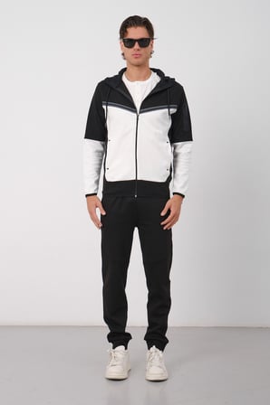 Erkek Siyah Tech Fleece Double Face Kapusonlu Fermuarli Esofman Takimi E228