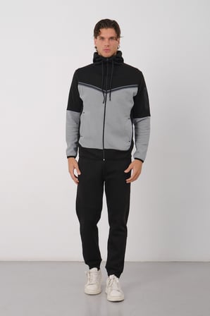 Erkek Siyah Tech Fleece Double Face Kapusonlu Fermuarli Esofman Takimi E228