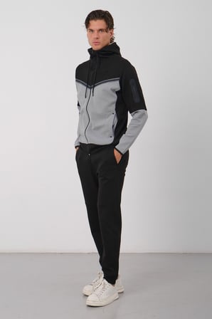 Erkek Siyah Tech Fleece Double Face Kapusonlu Fermuarli Esofman Takimi E228