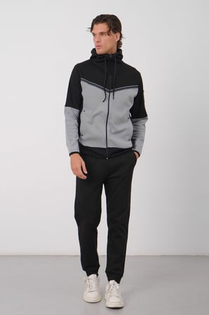 Erkek Siyah Tech Fleece Double Face Kapusonlu Fermuarli Esofman Takimi E228