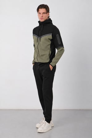 Erkek Siyah Tech Fleece Double Face Kapusonlu Fermuarli Esofman Takimi E228