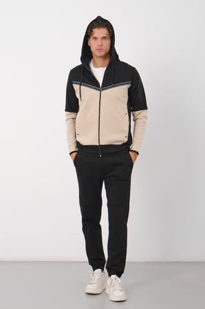 Erkek Siyah Tech Fleece Double Face Kapüşonlu Fermuarlı Eşofman Takımı - E228
