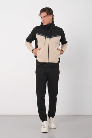 Erkek Siyah Tech Fleece Double Face Kapüşonlu Fermuarlı Eşofman Takımı - E228