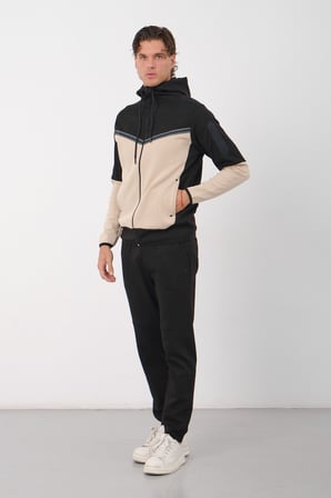 Erkek Siyah Tech Fleece Double Face Kapüşonlu Fermuarlı Eşofman Takımı - E228