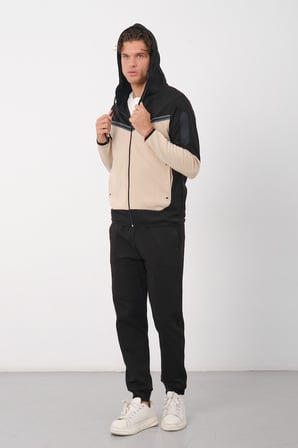 Erkek Siyah Tech Fleece Double Face Kapüşonlu Fermuarlı Eşofman Takımı - E228