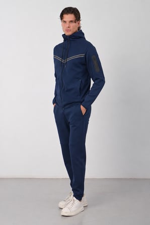 Erkek Siyah Tech Fleece Double Face Kapusonlu Fermuarli Esofman Takimi E228