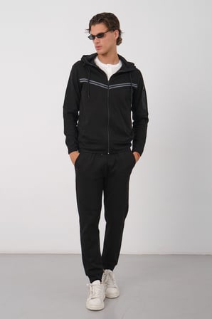 Erkek Siyah Tech Fleece Double Face Kapusonlu Fermuarli Esofman Takimi E228