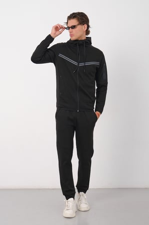 Erkek Siyah Tech Fleece Double Face Kapusonlu Fermuarli Esofman Takimi E228