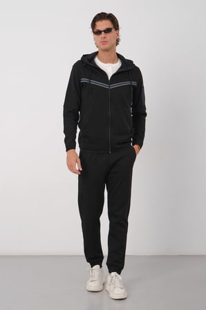 Erkek Siyah Tech Fleece Double Face Kapusonlu Fermuarli Esofman Takimi E228