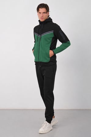 Erkek Siyah Tech Fleece Double Face Kapusonlu Fermuarli Esofman Takimi E228