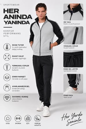 Erkek Vizon Dalgıç Kumaş İçi Pamuklu Dik Yaka Fermuarlı Şerit Detaylı Kışlık Eşofman Takımı - E230