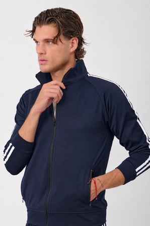 Erkek Vizon Dalgıç Kumaş İçi Pamuklu Dik Yaka Fermuarlı Şerit Detaylı Kışlık Eşofman Takımı - E230