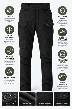 Erkek Kışlık İçi Polarlı Rüzgar Su Geçirmez Soft Shell Taktik Pantolon - E231