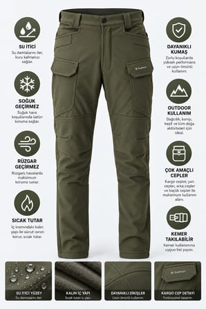 Erkek Kışlık İçi Polarlı Rüzgar Su Geçirmez Soft Shell Taktik Pantolon - E231