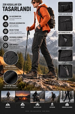 Erkek Kışlık Softshell İçi Polarlı Rüzgar, Soğuk & Su Geçirmez Taktik Pantolon - E232