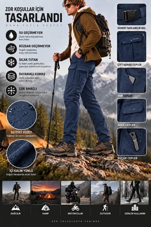 Erkek Kışlık Softshell İçi Polarlı Rüzgar, Soğuk & Su Geçirmez Taktik Pantolon - E232